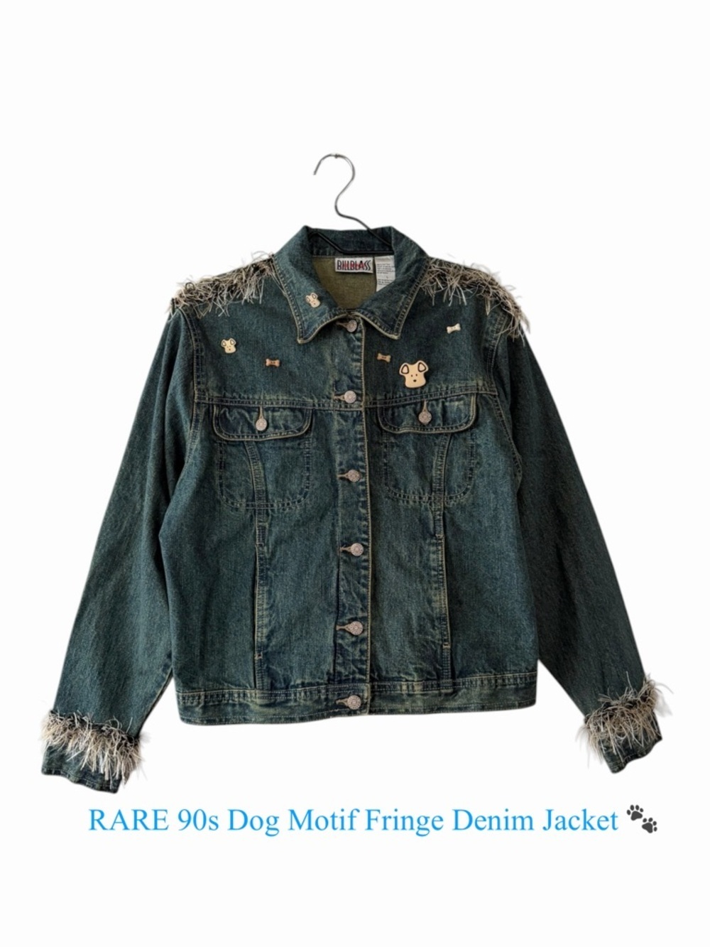 Vintage 90s Bill Blass Denim Jacket Dog Pins Fringe Trim Boho Chic Westercore